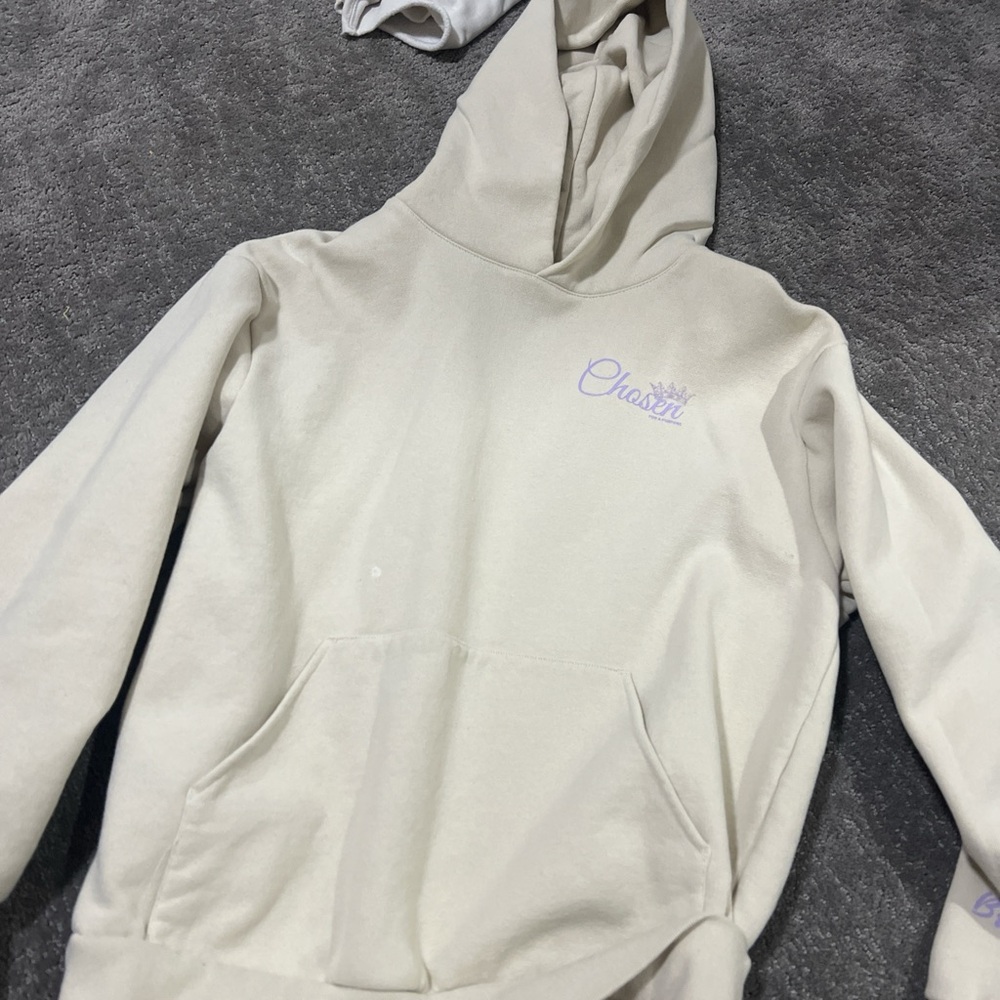 Christian hoodie Cream Hoodie with Purple Logo
